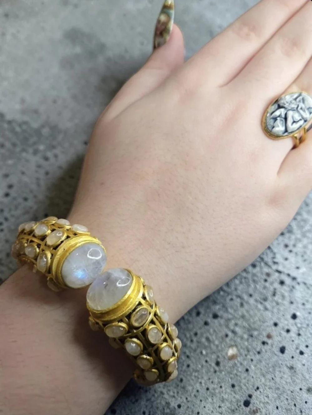 24k Gold Plated Artisan Flash Moonstone Onyx Enamel Oversized Clamper Bracelet